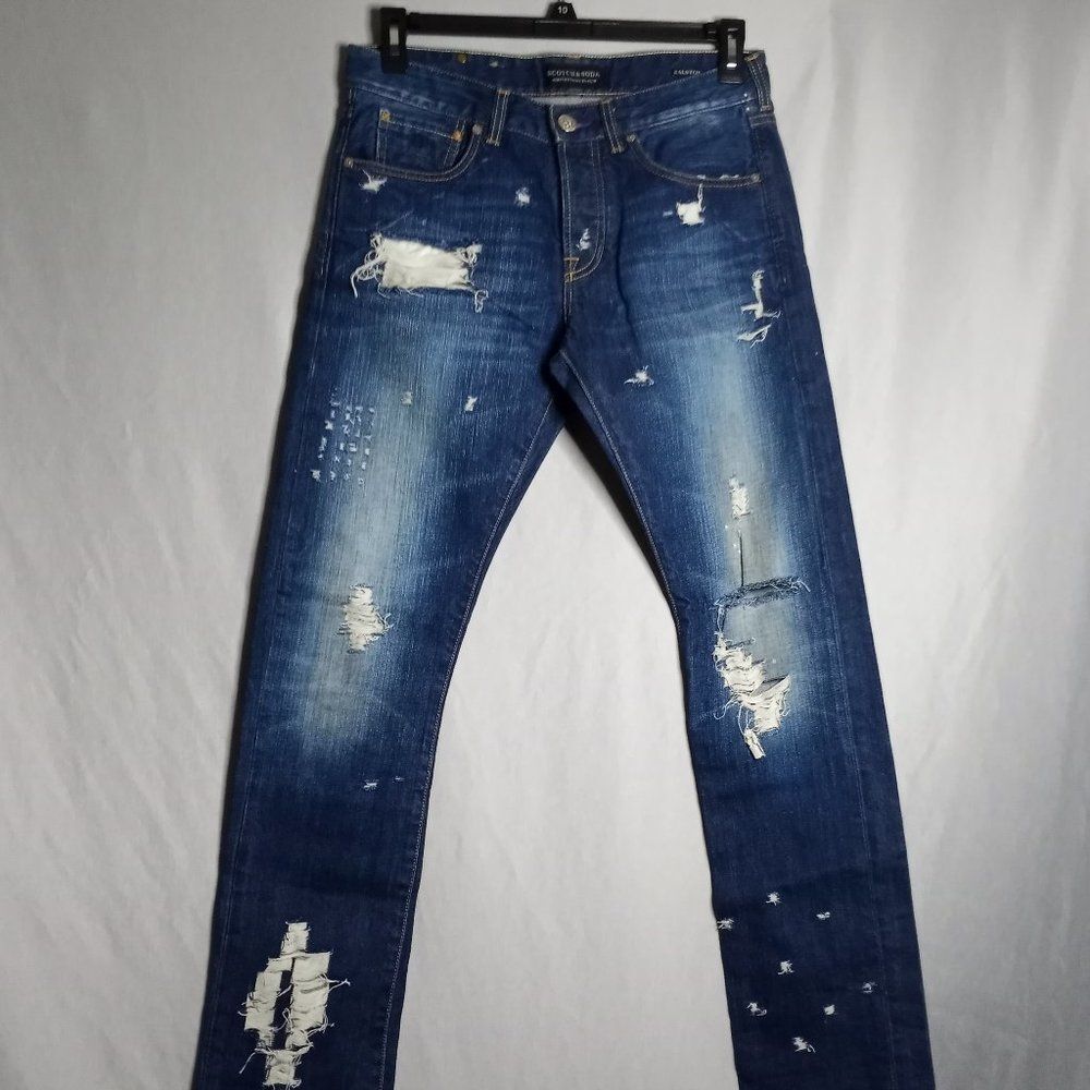 Scotch and Soda Jeans Men's 30x32 Ralston Slim Button Fly Distress Raw Hem Faded